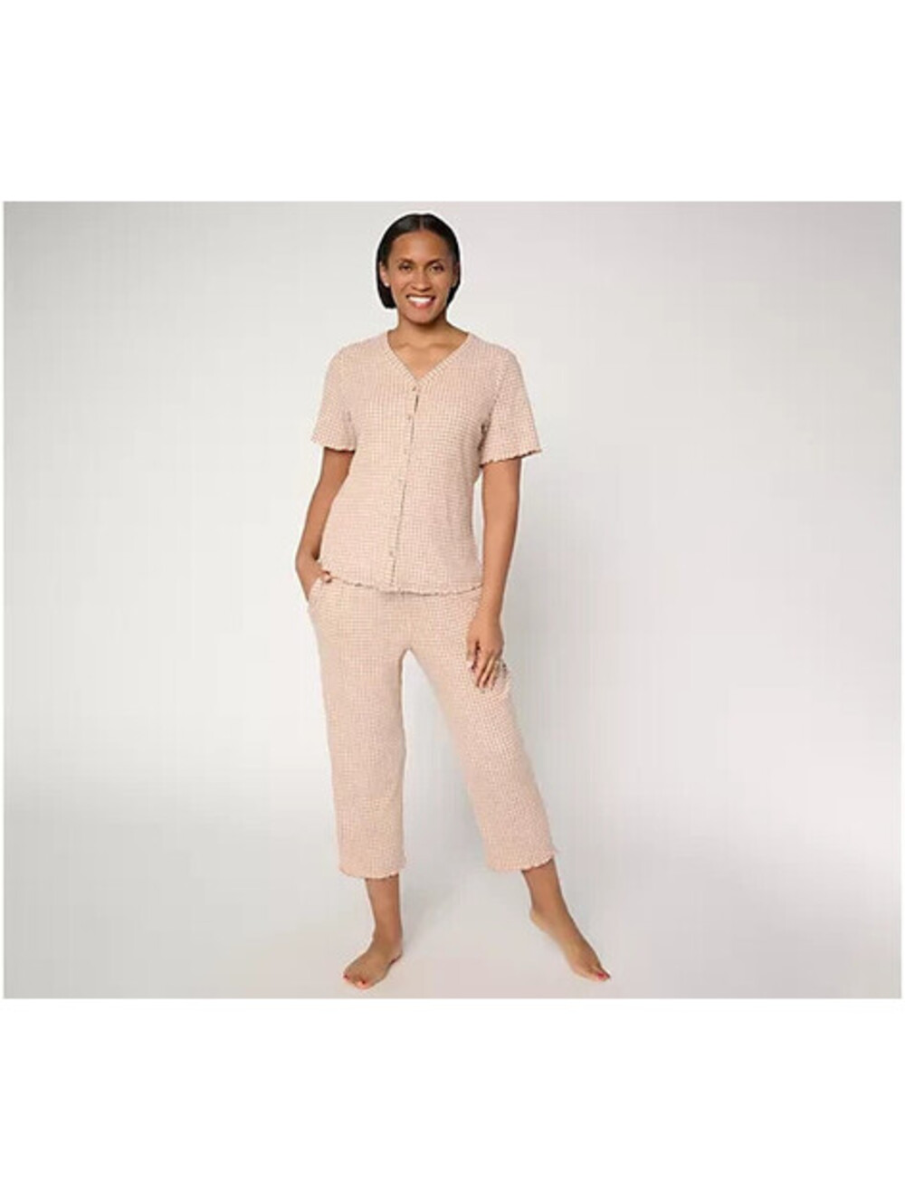 Berkshire Homewear Gingham Waffle Short Sleeve and Capri Set Mocha Mousse, Small